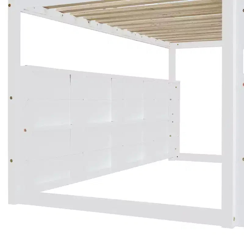 Letto a soppalco a forma di casetta, bianco naturale, per bambini, con scivolo, tenda e contenitore – singolo/piazza e mezza, 1 bambino