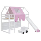 Letto a soppalco a forma di casetta, bianco naturale, per bambini, con scivolo, tenda e contenitore – singolo/piazza e mezza, 1 bambino