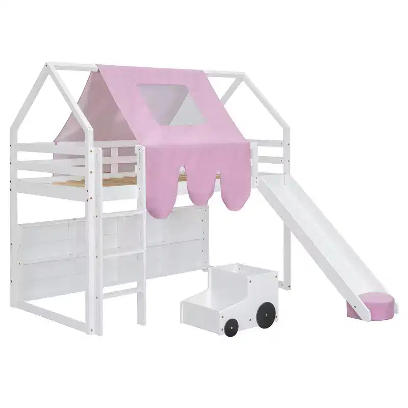 Letto a soppalco a forma di casetta, bianco naturale, per bambini, con scivolo, tenda e contenitore – singolo/piazza e mezza, 1 bambino