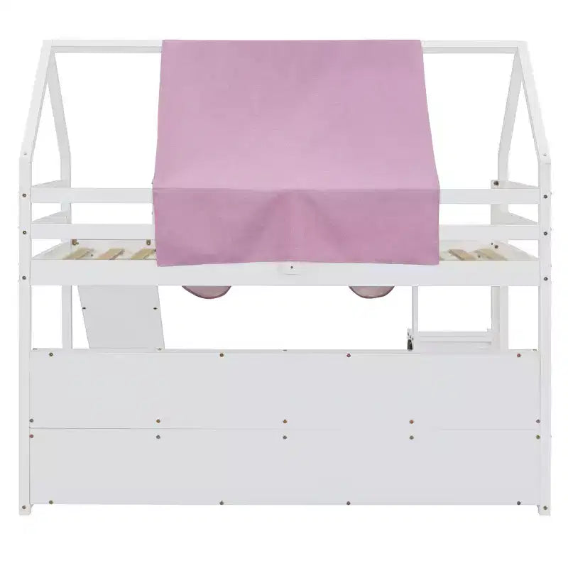 Letto a soppalco a forma di casetta, bianco naturale, per bambini, con scivolo, tenda e contenitore – singolo/piazza e mezza, 1 bambino