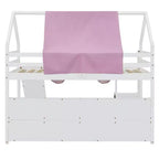 Letto a soppalco a forma di casetta, bianco naturale, per bambini, con scivolo, tenda e contenitore – singolo/piazza e mezza, 1 bambino