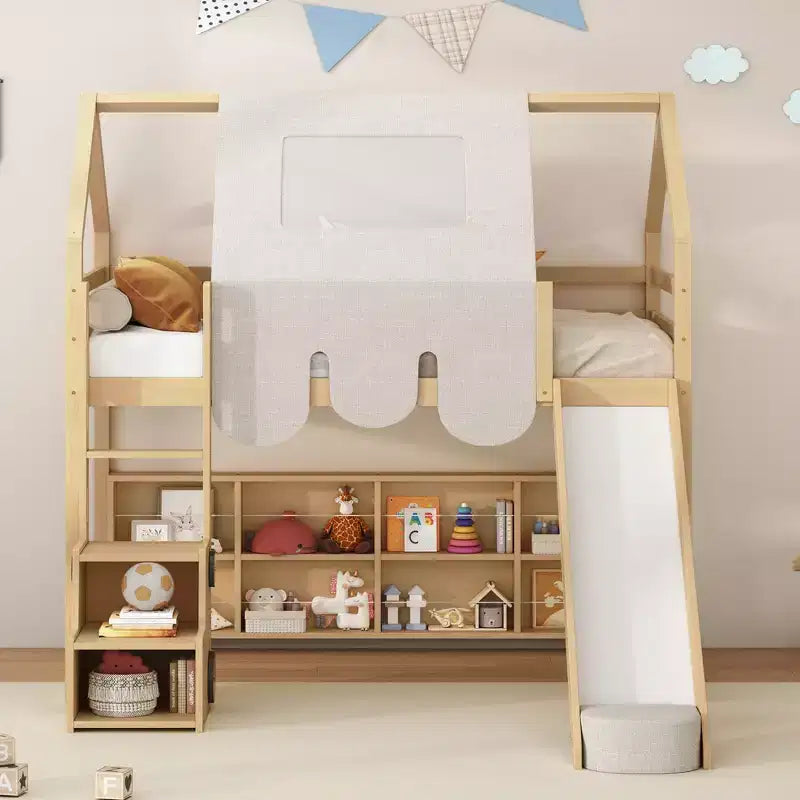 Letto a soppalco a forma di casetta, bianco naturale, per bambini, con scivolo, tenda e contenitore – singolo/piazza e mezza, 1 bambino