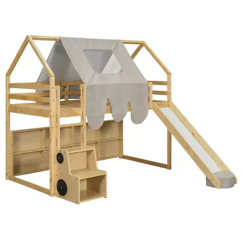 Letto a soppalco a forma di casetta, bianco naturale, per bambini, con scivolo, tenda e contenitore – singolo/piazza e mezza, 1 bambino