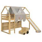 Letto a soppalco a forma di casetta, bianco naturale, per bambini, con scivolo, tenda e contenitore – singolo/piazza e mezza, 1 bambino