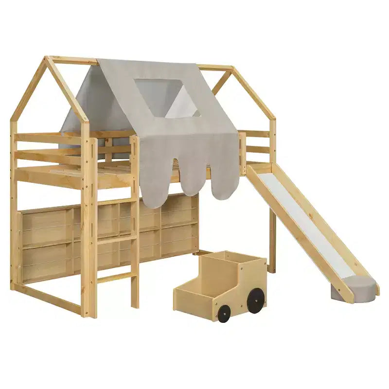 Letto a soppalco a forma di casetta, bianco naturale, per bambini, con scivolo, tenda e contenitore – singolo/piazza e mezza, 1 bambino