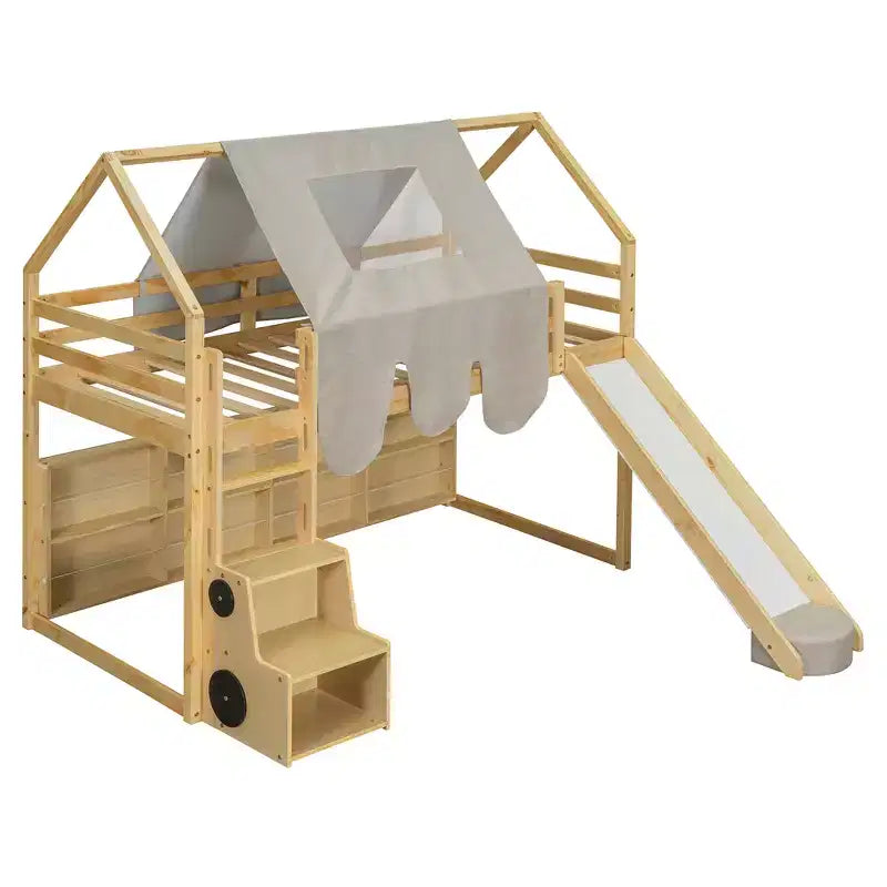 Letto a soppalco a forma di casetta, bianco naturale, per bambini, con scivolo, tenda e contenitore – singolo/piazza e mezza, 1 bambino