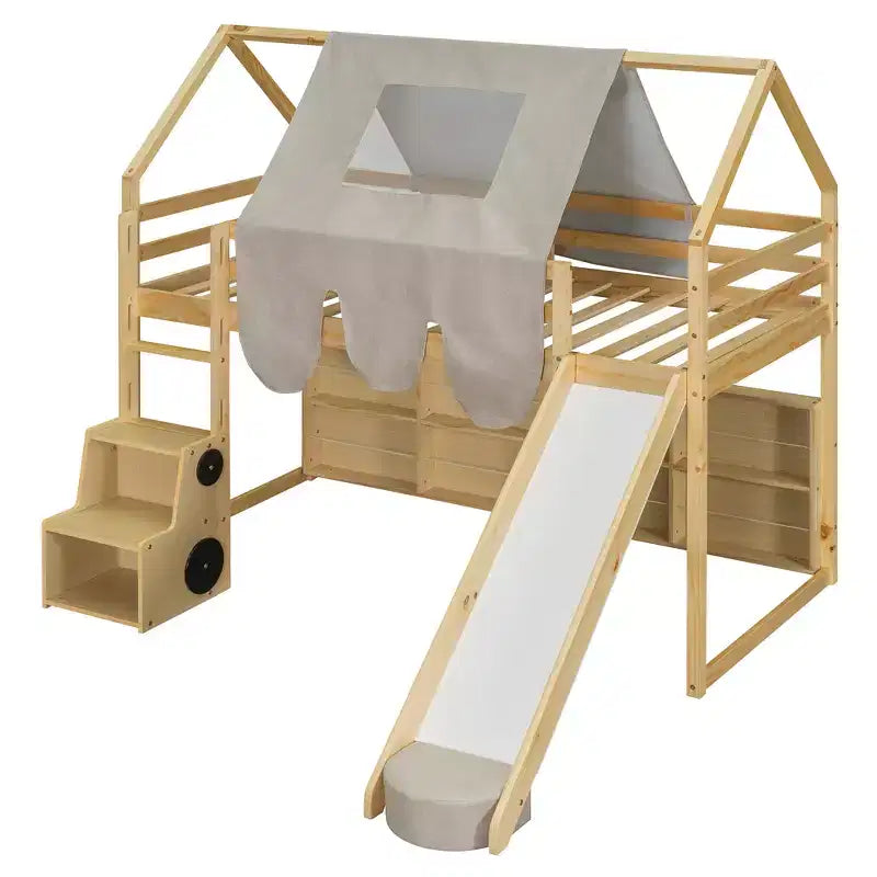 Letto a soppalco a forma di casetta, bianco naturale, per bambini, con scivolo, tenda e contenitore – singolo/piazza e mezza, 1 bambino