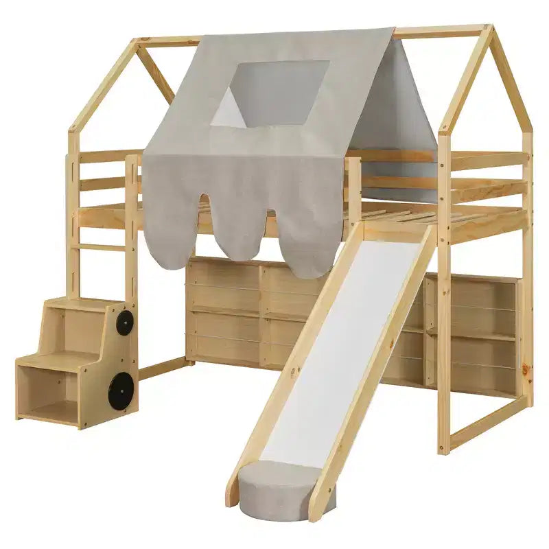 Letto a soppalco a forma di casetta, bianco naturale, per bambini, con scivolo, tenda e contenitore – singolo/piazza e mezza, 1 bambino