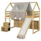 Letto a soppalco a forma di casetta, bianco naturale, per bambini, con scivolo, tenda e contenitore – singolo/piazza e mezza, 1 bambino