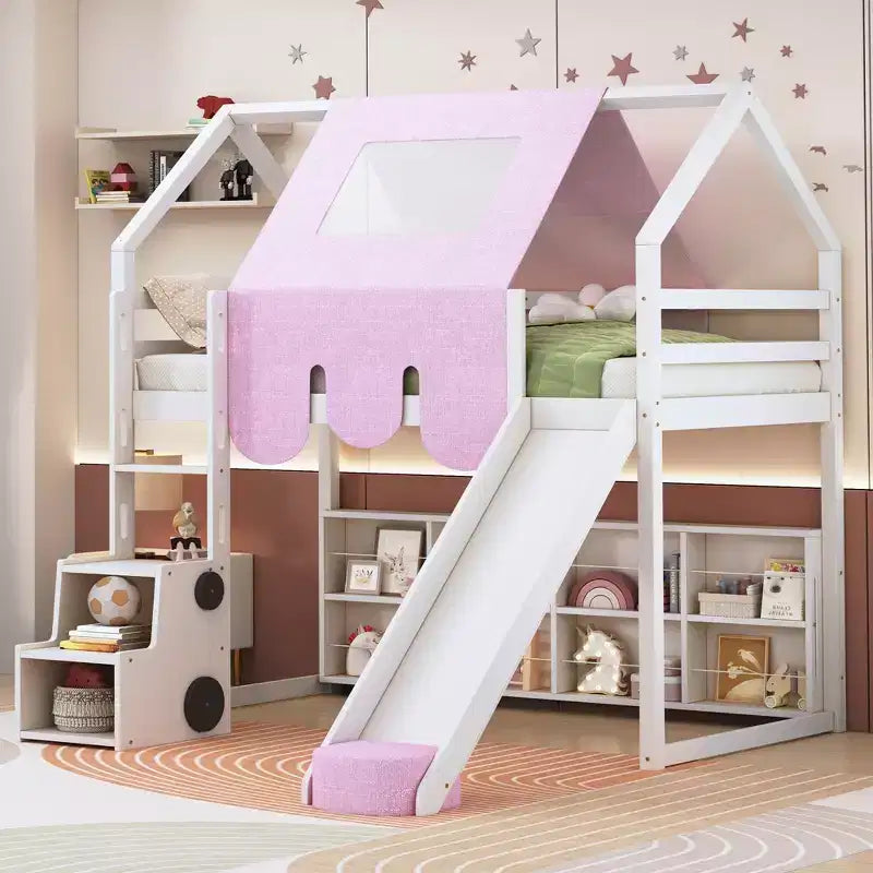 Letto a soppalco a forma di casetta, bianco naturale, per bambini, con scivolo, tenda e contenitore – singolo/piazza e mezza, 1 bambino