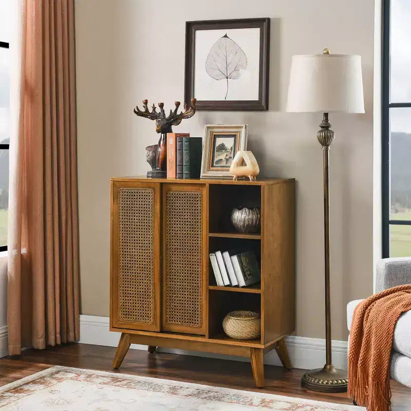 Mobile credenza buffet in noce e rattan con ante, stile Mid-Century, per 1