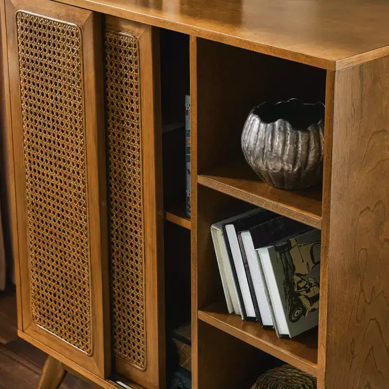 Mobile credenza buffet in noce e rattan con ante, stile Mid-Century, per 1