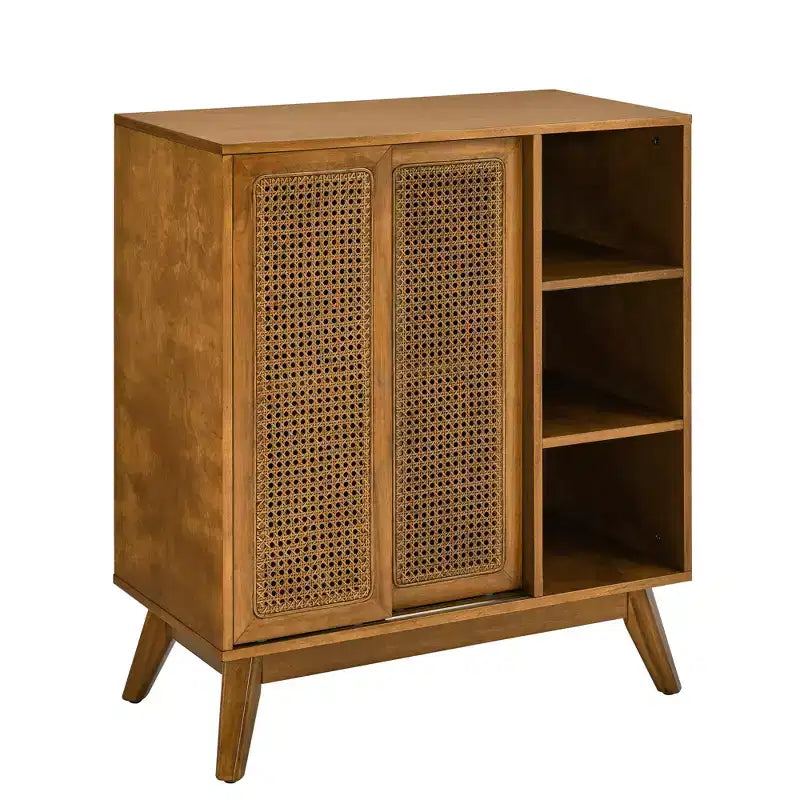 Mobile credenza buffet in noce e rattan con ante, stile Mid-Century, per 1