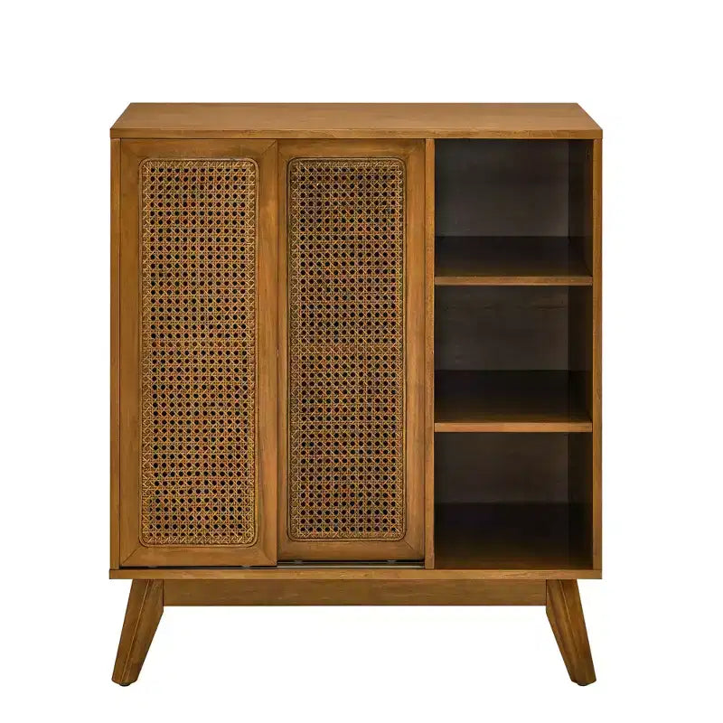 Mobile credenza buffet in noce e rattan con ante, stile Mid-Century, per 1