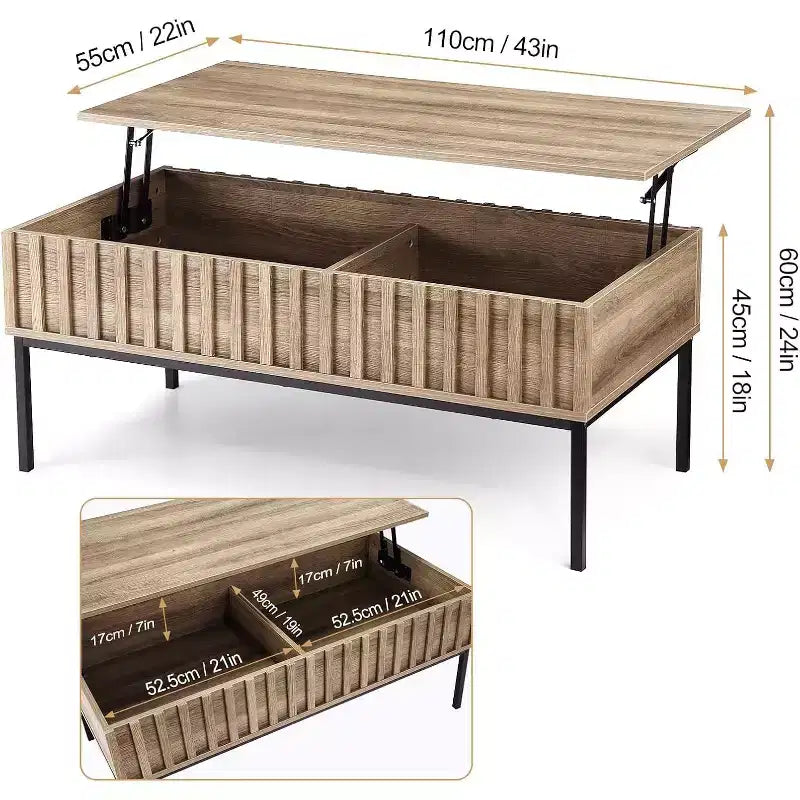 Tavolino da caffè marrone con piano sollevabile, legno e ferro, 109 cm di larghezza, per 1-2 persone, con contenitore a scomparsa
