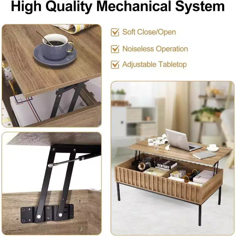 Tavolino da caffè marrone con piano sollevabile, legno e ferro, 109 cm di larghezza, per 1-2 persone, con contenitore a scomparsa