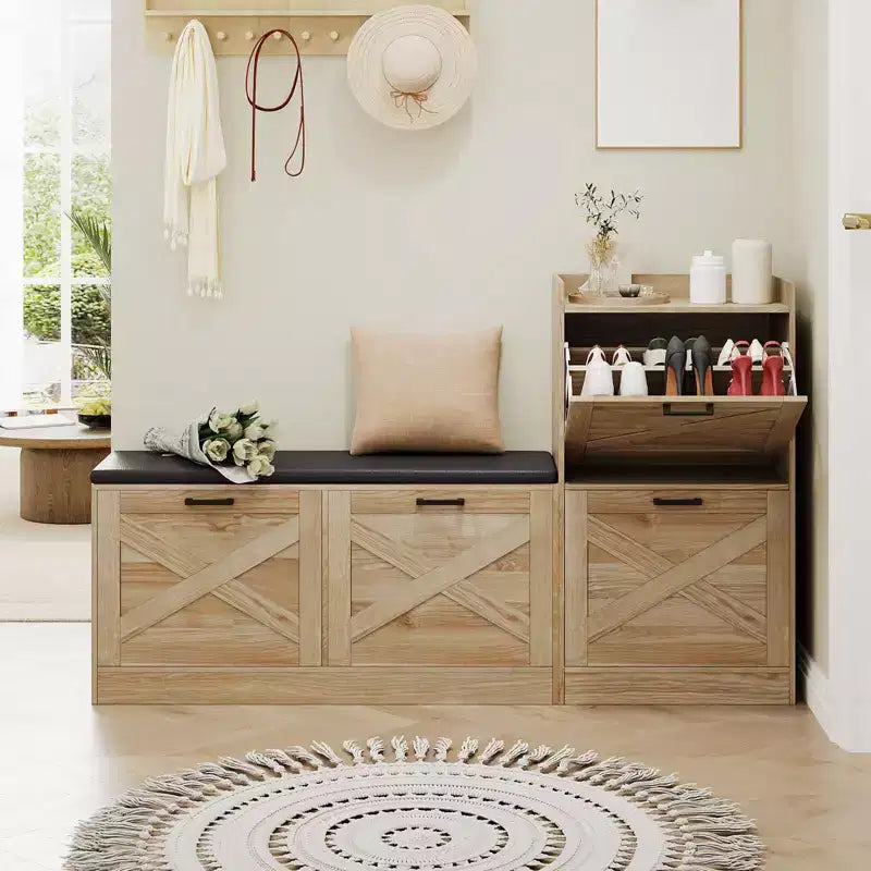 Panca da Ingresso in Legno Naturale e Similpelle Beige con 4 Cassetti a Ribalta – Seduta per 1 Persona