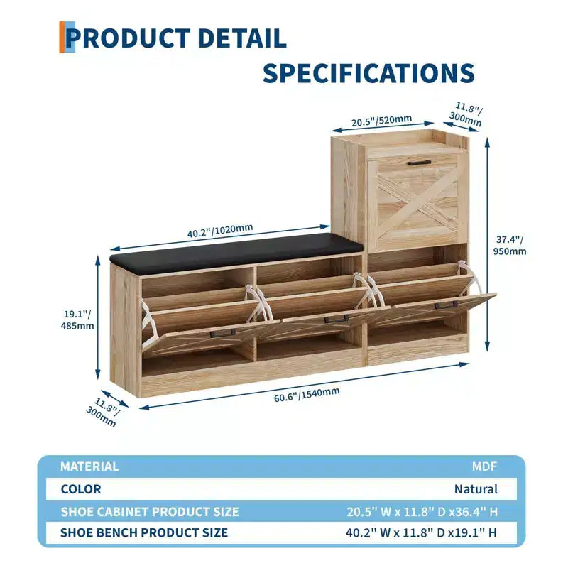 Panca da Ingresso in Legno Naturale e Similpelle Beige con 4 Cassetti a Ribalta – Seduta per 1 Persona