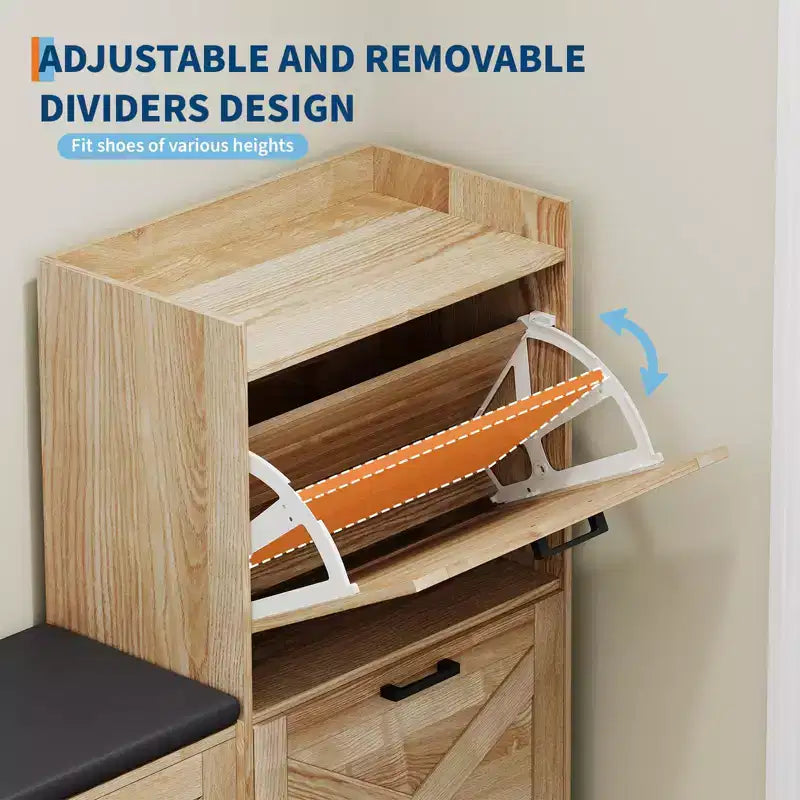 Panca da Ingresso in Legno Naturale e Similpelle Beige con 4 Cassetti a Ribalta – Seduta per 1 Persona