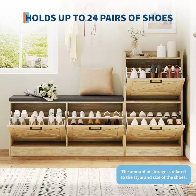 Panca da Ingresso in Legno Naturale e Similpelle Beige con 4 Cassetti a Ribalta – Seduta per 1 Persona