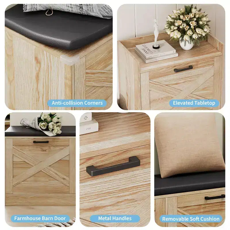 Panca da Ingresso in Legno Naturale e Similpelle Beige con 4 Cassetti a Ribalta – Seduta per 1 Persona
