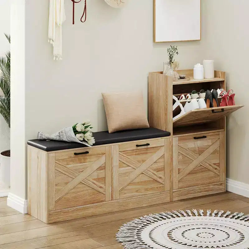 Panca da Ingresso in Legno Naturale e Similpelle Beige con 4 Cassetti a Ribalta – Seduta per 1 Persona