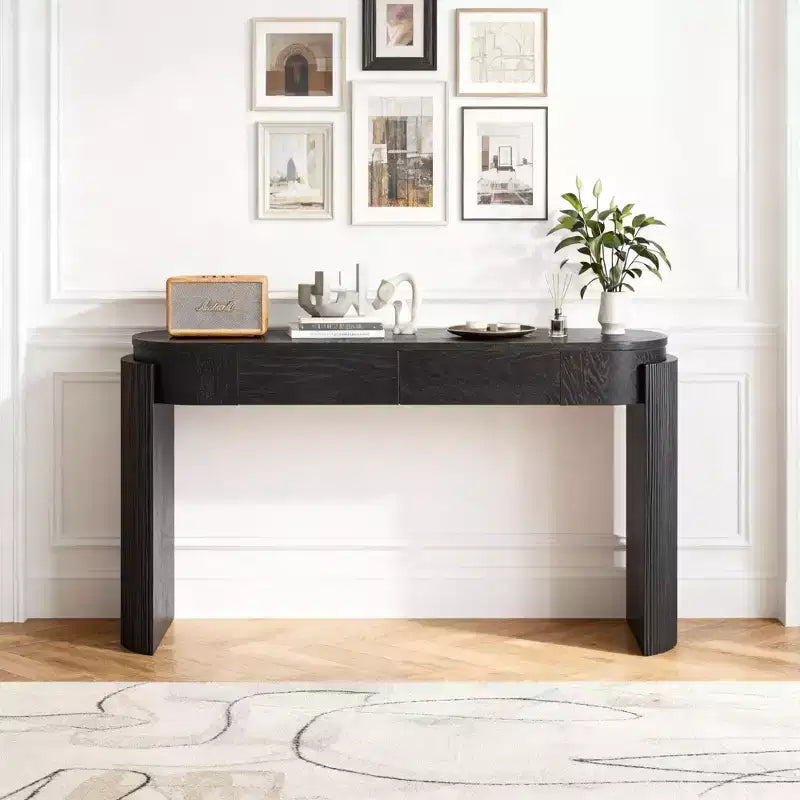 Luxystar Console Table with Natural Wood Grain Finish, Oval Top and 2 Drawers for Entryway and Living Room, Black