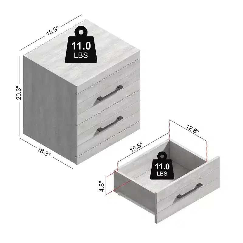 Comodino con 2 cassetti in rovere grigio polvere