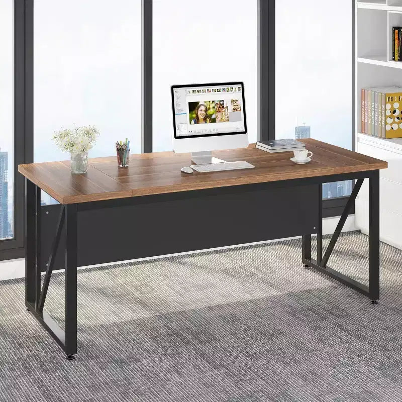 Scrivania per computer in noce scuro da 63", singola, gambe in acciaio