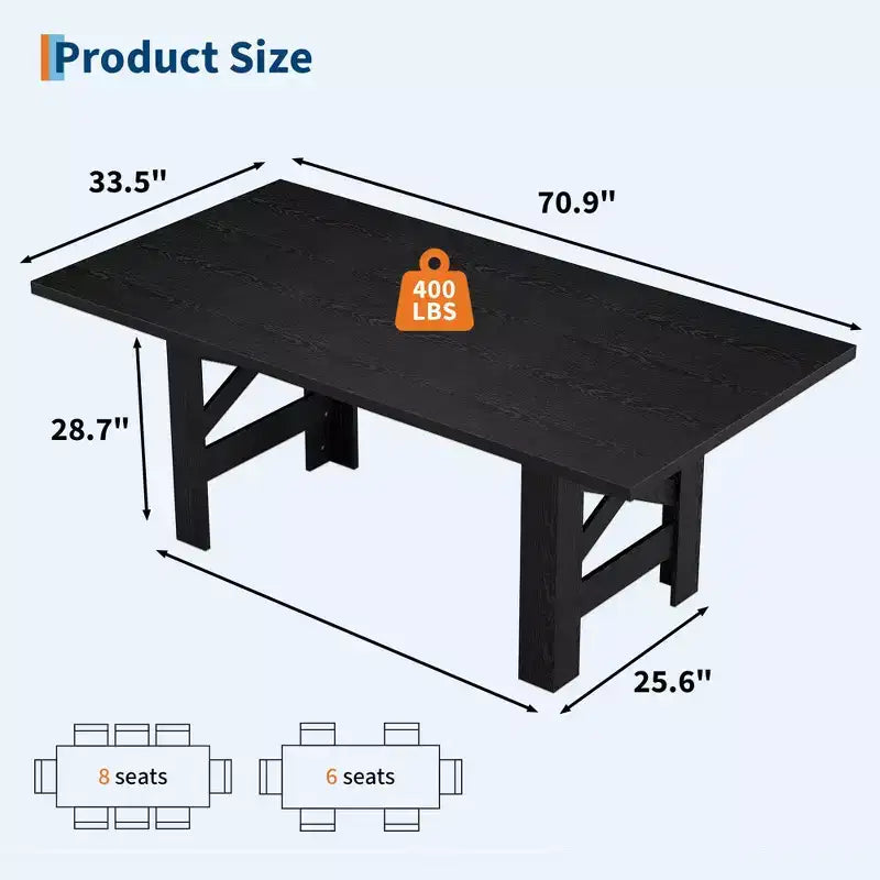 Tavolo da pranzo da fattoria da 180 cm, nero/legno naturale, 6-8 posti