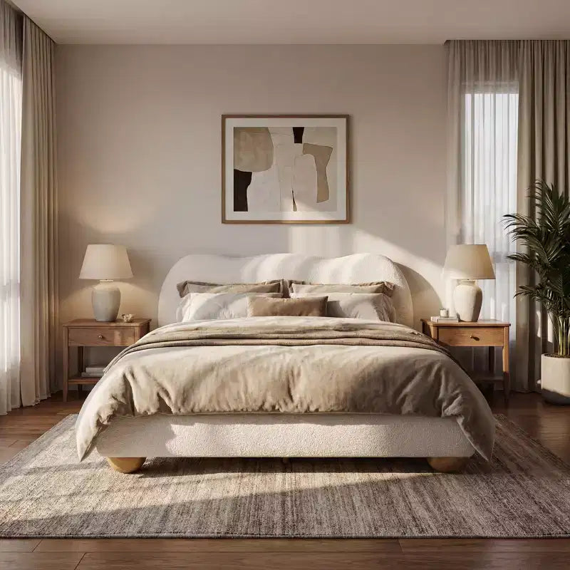 Christopher Knight Home Sarocha Modern Wooden Boucle Upholstered Bed Frame with Curved Headboard and Round Legs