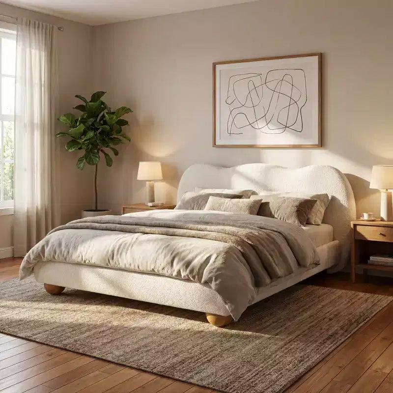 Struttura letto moderna con testiera ad arco in bouclé crema, Queen size, 1 persona