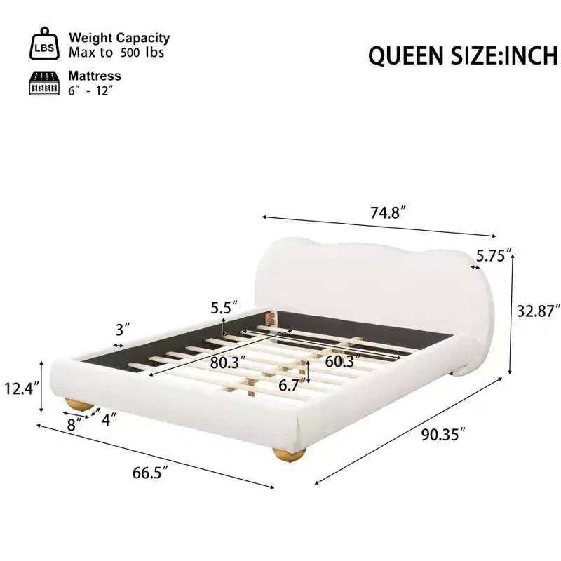Struttura letto moderna con testiera ad arco in bouclé crema, Queen size, 1 persona