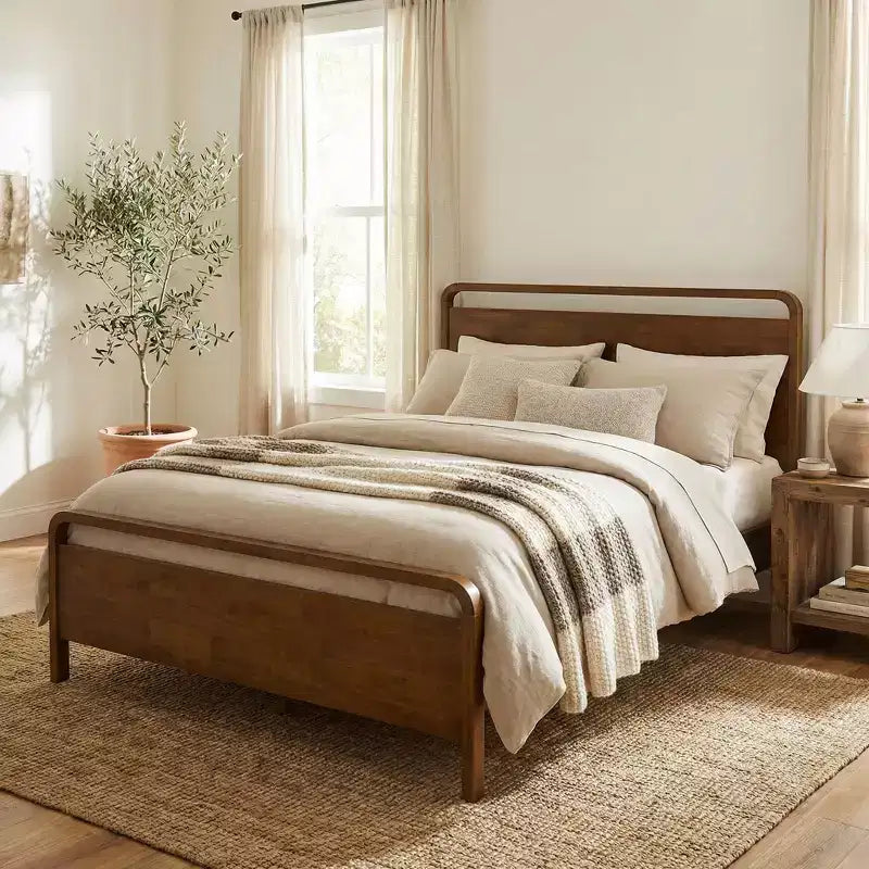 Set camera da letto 5 pezzi finitura Noce – Letto a piattaforma, Cassettiera, Specchio e 2 Comodini (Queen/King)