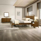 Set camera da letto 5 pezzi finitura Noce – Letto a piattaforma, Cassettiera, Specchio e 2 Comodini (Queen/King)