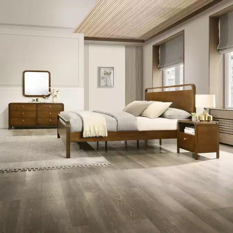 Set camera da letto 5 pezzi finitura Noce – Letto a piattaforma, Cassettiera, Specchio e 2 Comodini (Queen/King)