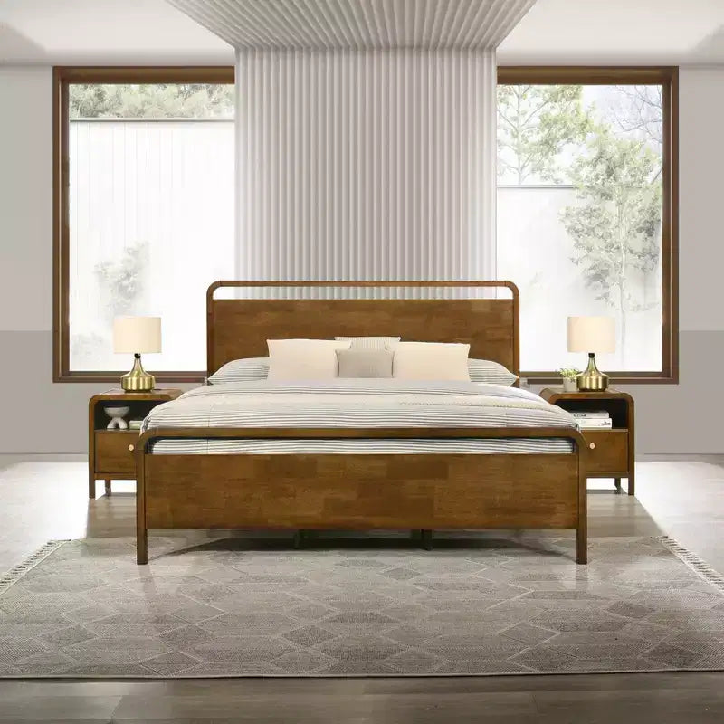 Letto a piattaforma in noce e 2 comodini, Set camera da letto 3 pezzi, Queen/King