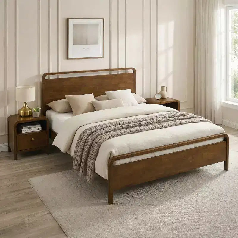 Letto a piattaforma in noce e 2 comodini, Set camera da letto 3 pezzi, Queen/King