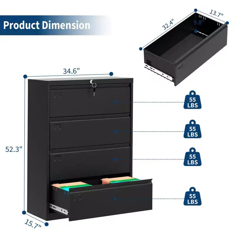 Classificatore laterale in acciaio a 4 cassetti con serratura per formato Letter/Legale/A4, ampio organizer per ufficio
