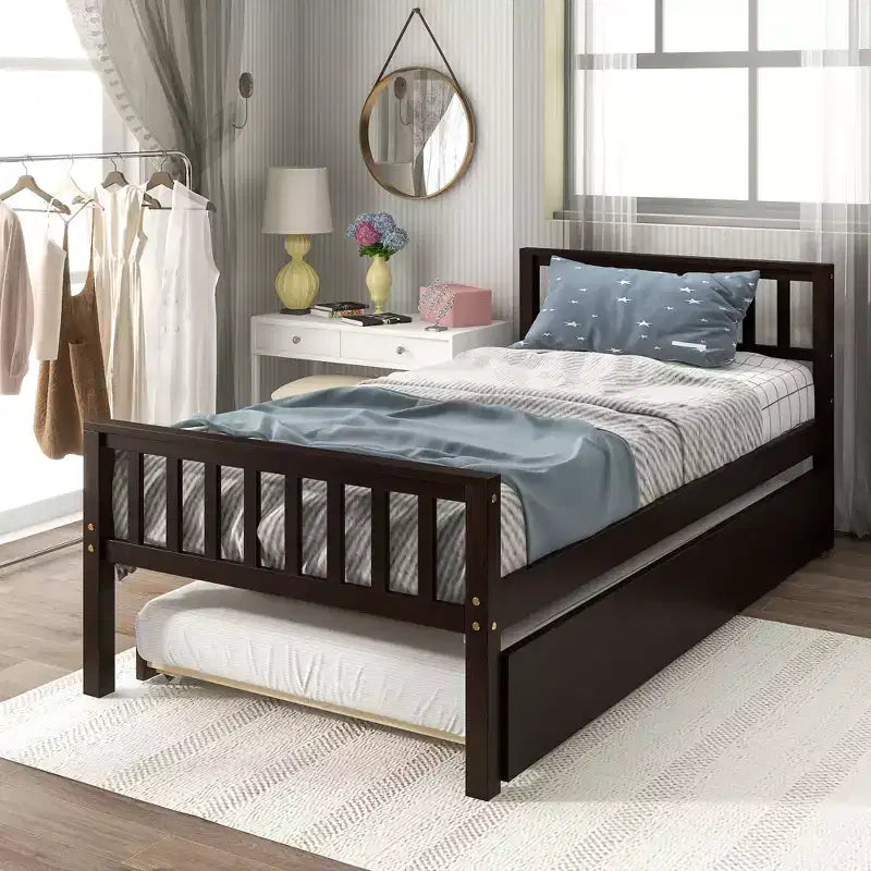 Letto a piattaforma singolo espresso/grigio/bianco con letto estraibile – Pino massiccio, per 2 persone