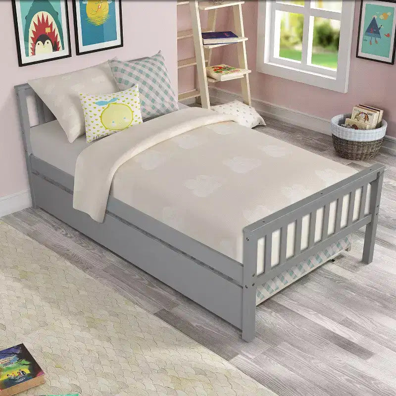 Letto a piattaforma singolo espresso/grigio/bianco con letto estraibile – Pino massiccio, per 2 persone