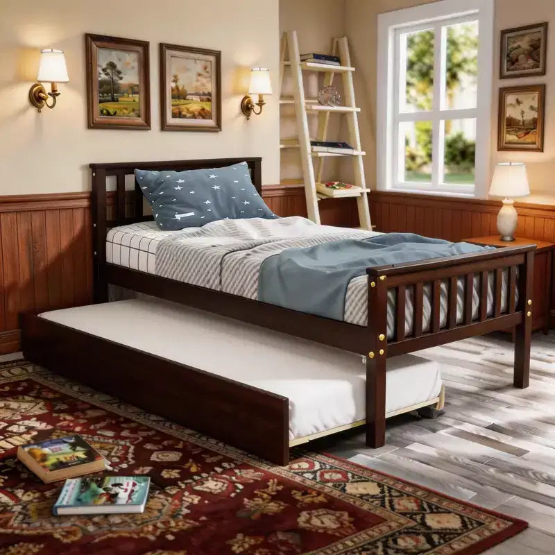 Letto a piattaforma singolo espresso/grigio/bianco con letto estraibile – Pino massiccio, per 2 persone