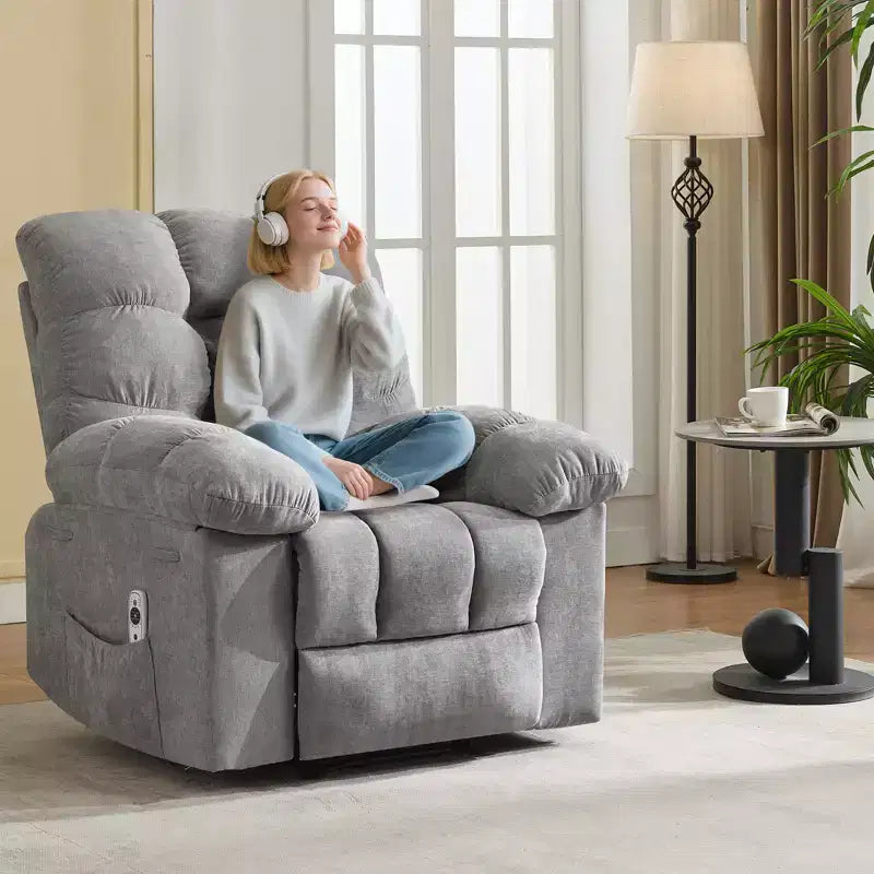 Poltrona Reclinabile Basculante Singola Marrone/Grigio con Massaggio e Calore, 2 Tasche Laterali