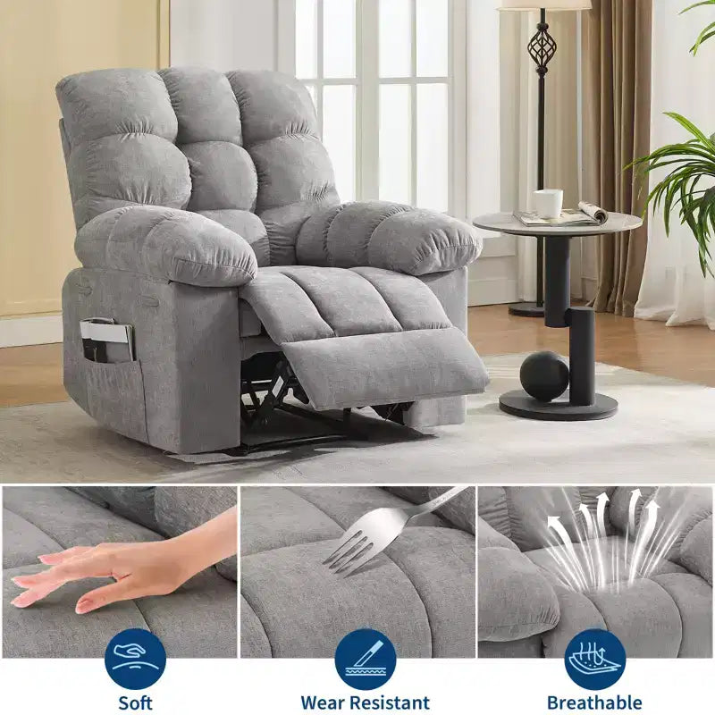 Poltrona Reclinabile Basculante Singola Marrone/Grigio con Massaggio e Calore, 2 Tasche Laterali