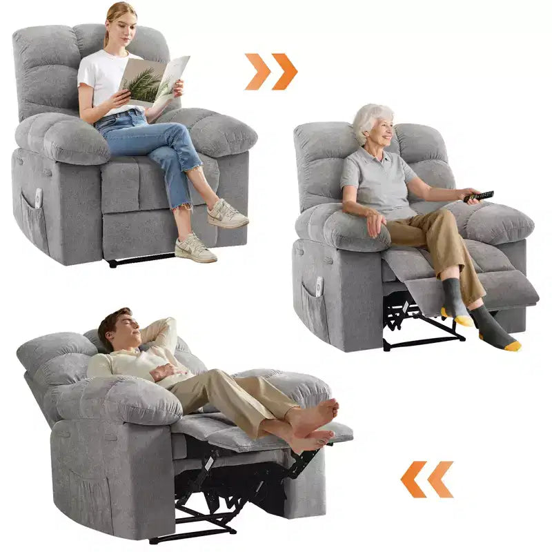 Poltrona Reclinabile Basculante Singola Marrone/Grigio con Massaggio e Calore, 2 Tasche Laterali