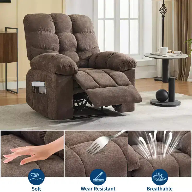 Poltrona Reclinabile Basculante Singola Marrone/Grigio con Massaggio e Calore, 2 Tasche Laterali