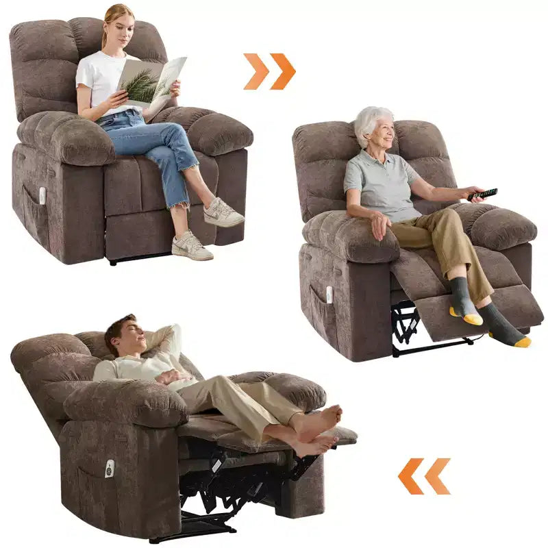 Poltrona Reclinabile Basculante Singola Marrone/Grigio con Massaggio e Calore, 2 Tasche Laterali