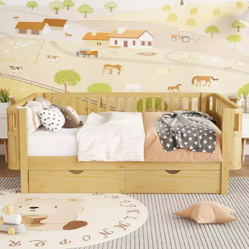 Letto a piattaforma singolo per bambini a grandezza naturale con spondine di protezione – Per 1 bambino (bambine e bambini)
