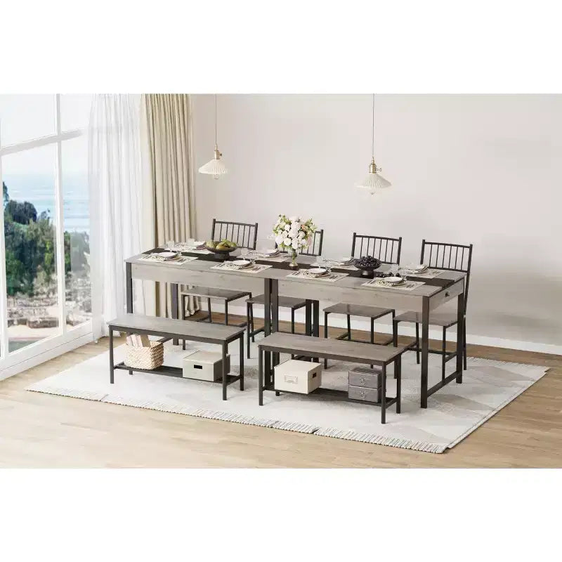 Set da pranzo rettangolare a 4 posti marrone/grigio con panca e 2 sedie
