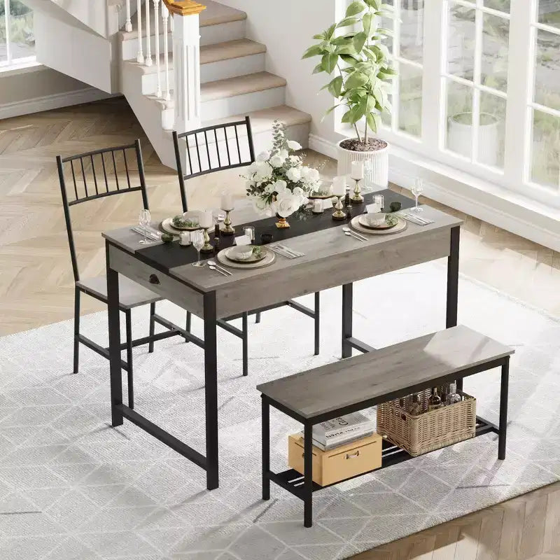 Set da pranzo rettangolare a 4 posti marrone/grigio con panca e 2 sedie